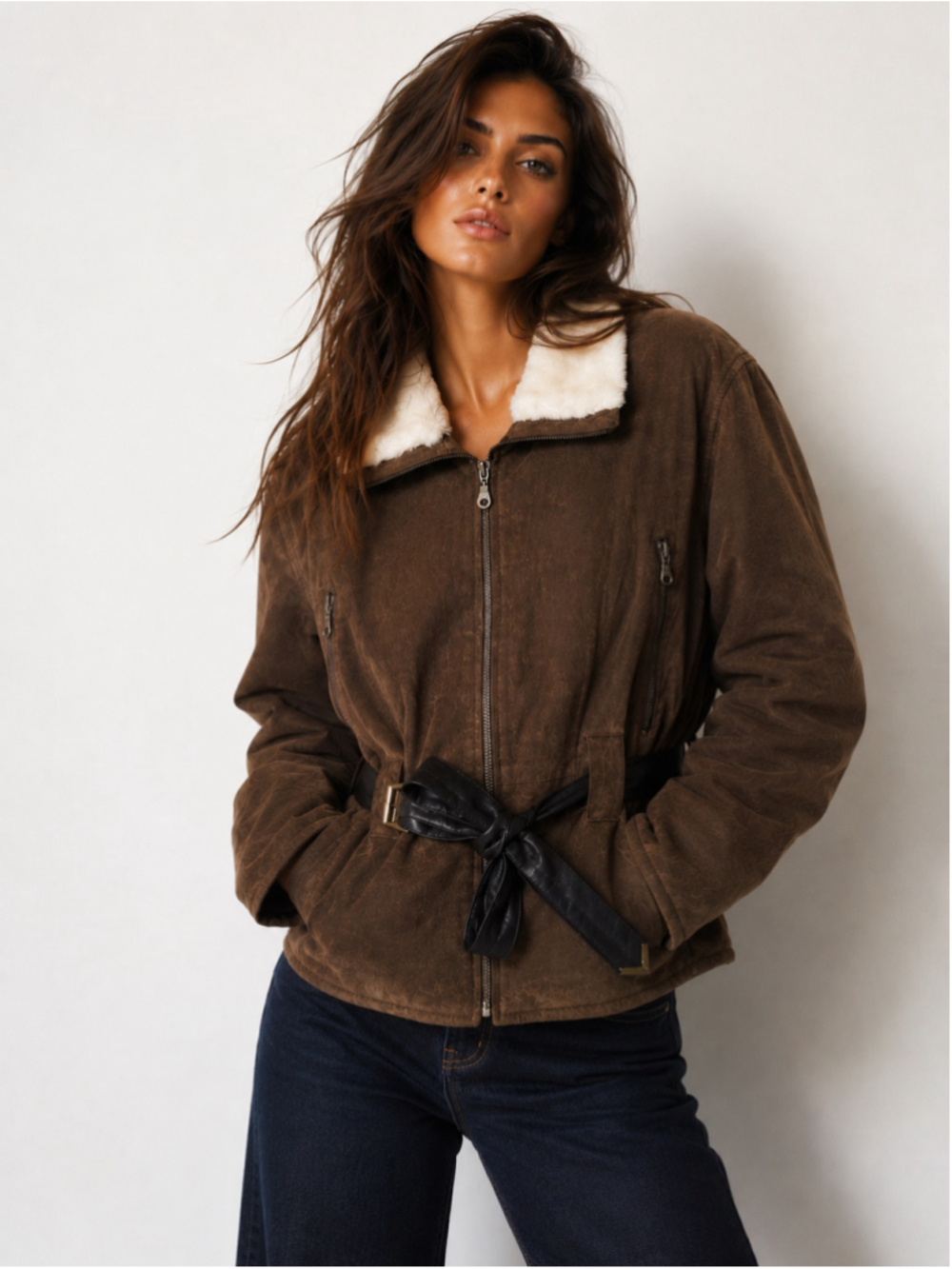 OutBrook M Brown Genuine Leather Shearling Collar Belted Aviator Moto Jacket Y2K